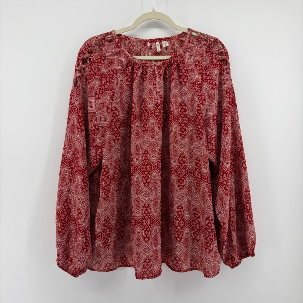 Cato Womens 18/20W Red Paisley Blouse Lattice Shoulder Long Sleeve Boho Top